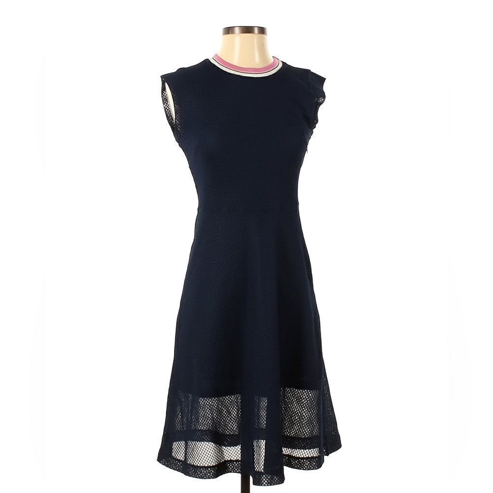 & Other Stories Navy Mesh Mini Dress with Pink-Trim Neckline